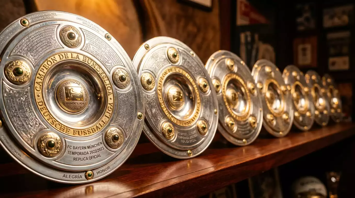 Trofeos de la Bundesliga representando el dominio histórico del Bayern Múnich con 35 títulos